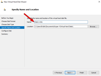 Wizard tab where you specify to name of the hard disk and the location of the file. 